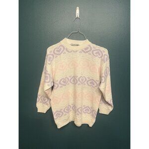 Vintage 80s Precious Knits White Pastel Pink Purple Heart Sweater No Size